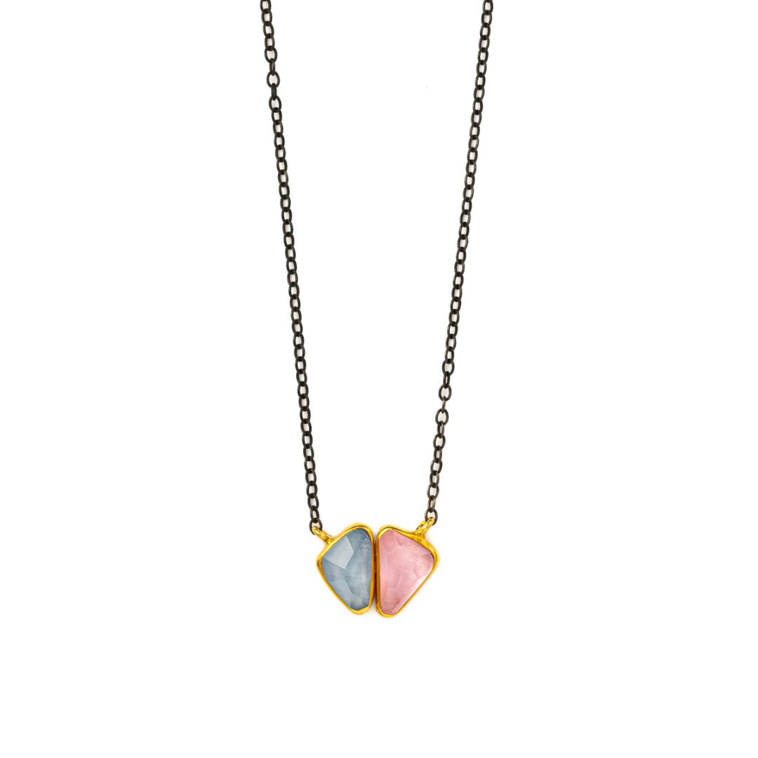 Rose Quartz AquaMarine Necklace - 18K Gold and 925 Sterling Silver