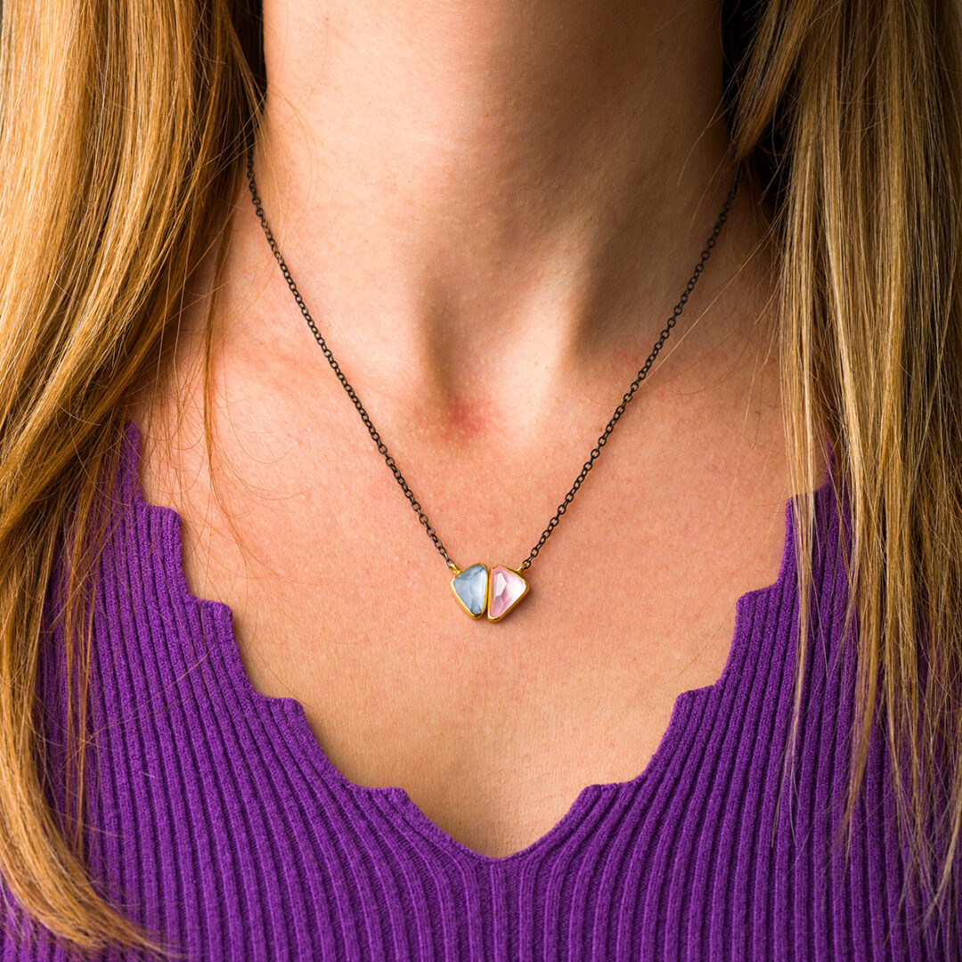 Rose Quartz AquaMarine Necklace - 18K Gold and 925 Sterling Silver