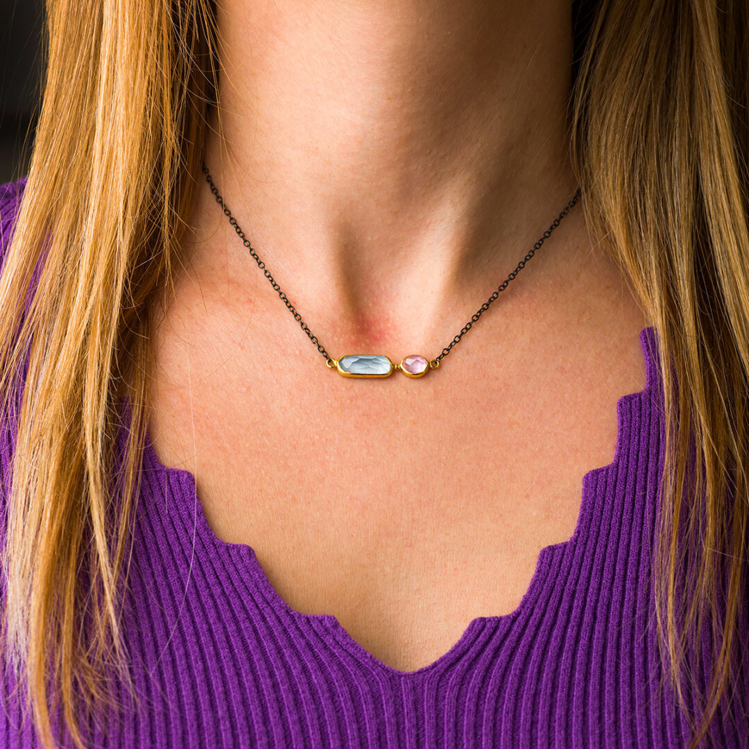 Aqua Marine Rose Quartz Necklace - 18K Gold and 925 Sterling Silver