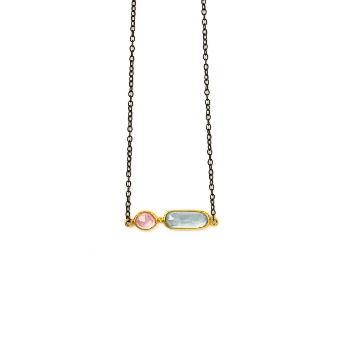 Aqua Marine Rose Quartz Necklace - 18K Gold and 925 Sterling Silver