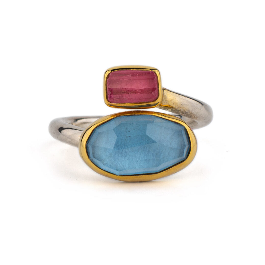 Aqua Marine and Tourmaline Ring - 18K Gold and 925 Sterling Silver