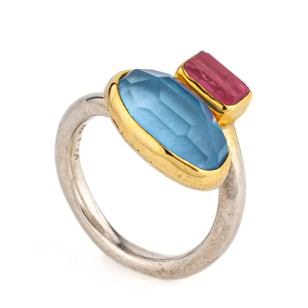 Aqua Marine and Tourmaline Ring - 18K Gold and 925 Sterling Silver