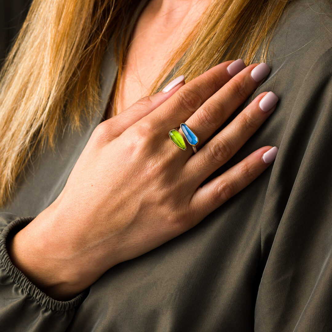 Blue Topaz Peridot Ring - 18K Gold and 925 Sterling Silver