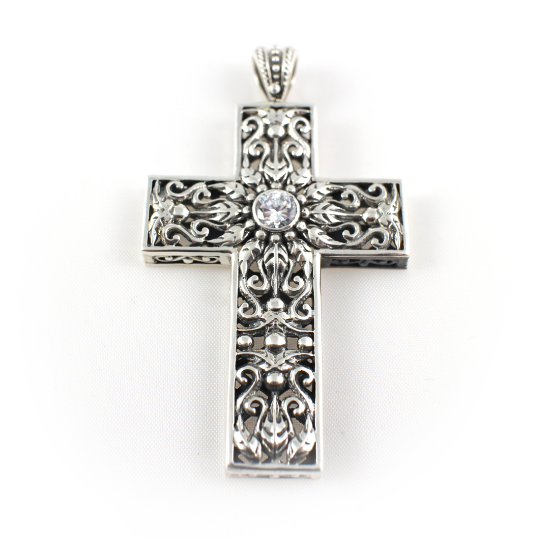 Byzantine Silver Cross with Zircon - Yianni Jewelry