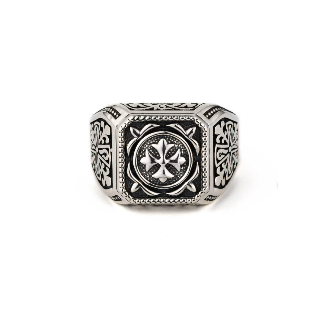 Fleur de lis Signet Cross Ring