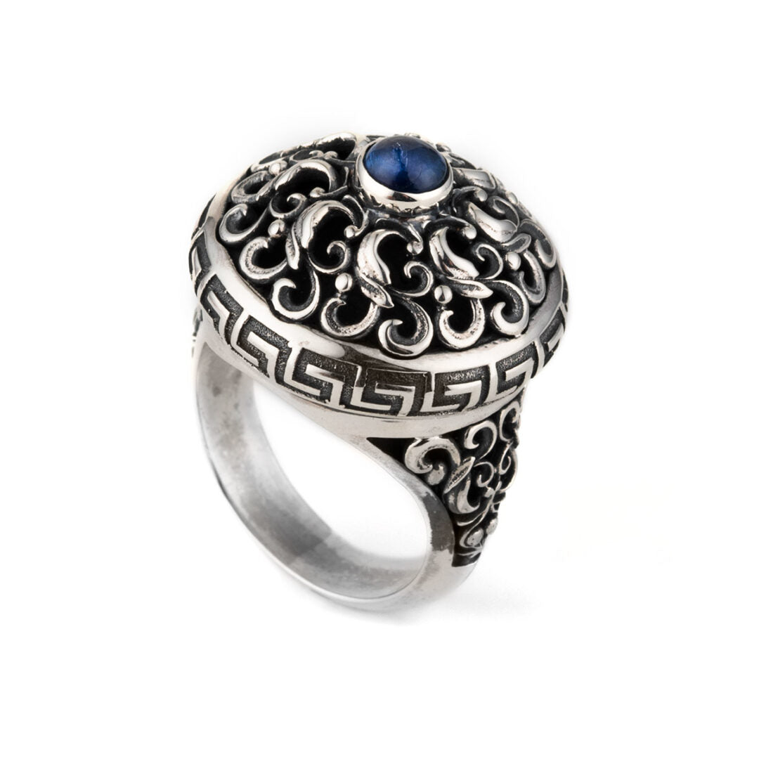 Greek Meander Floral Lapis Ring - Sterling Silver Yianni Jewelry
