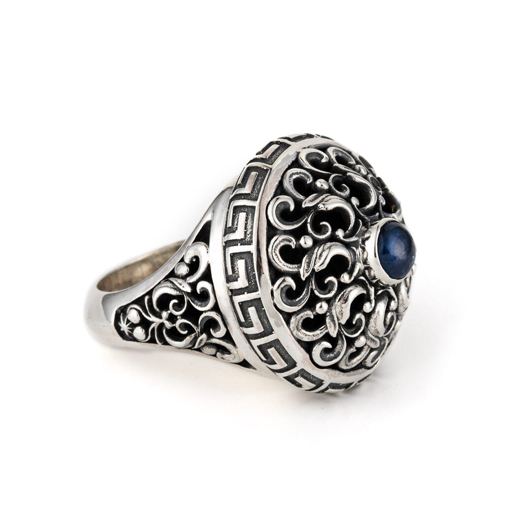 Greek Meander Floral Lapis Ring - Sterling Silver Yianni Jewelry