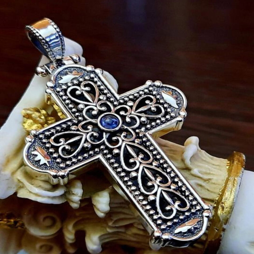 Byzantine Cross Pendant Silver 925 with a Precious Stone