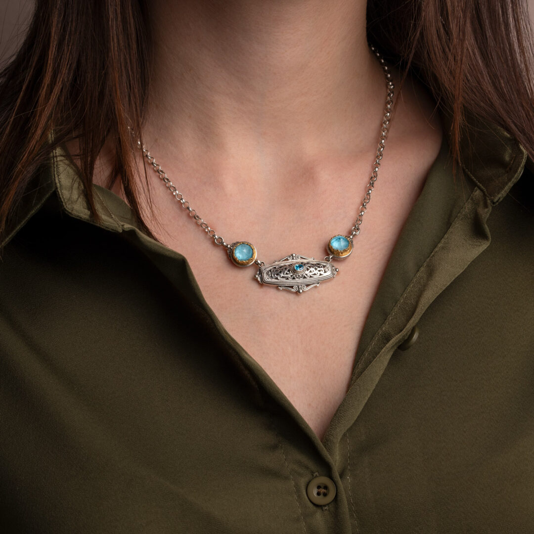 Georchristo Turquoise Necklace in 925 Sterling Silver and Gold Plated
