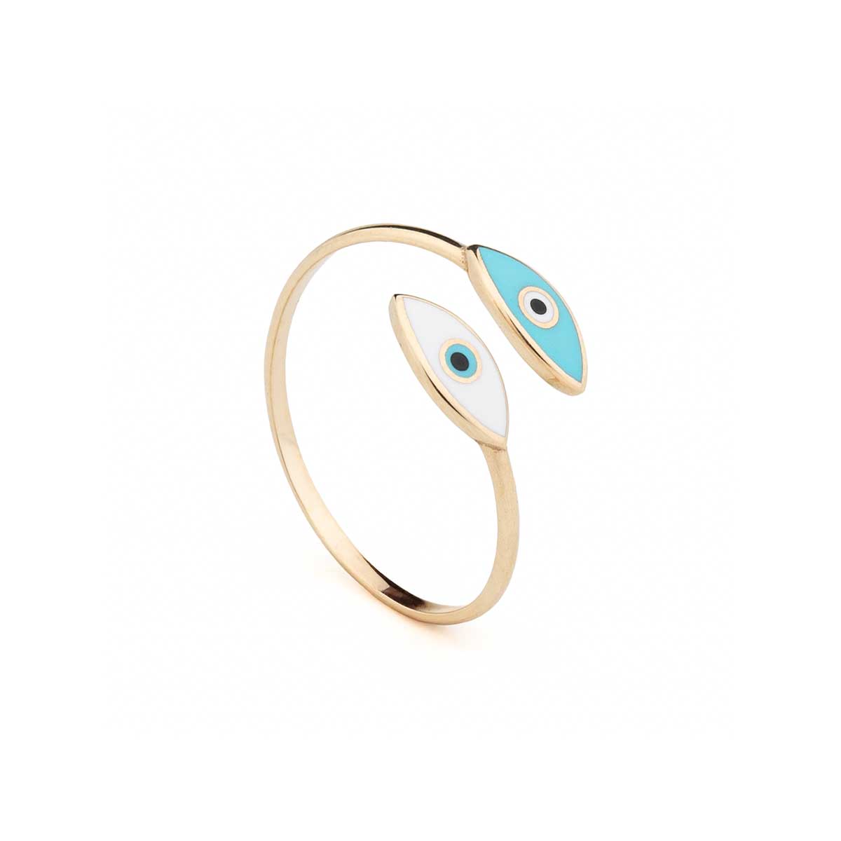 14k Gold Open Evil Eye Ring with enamel — White