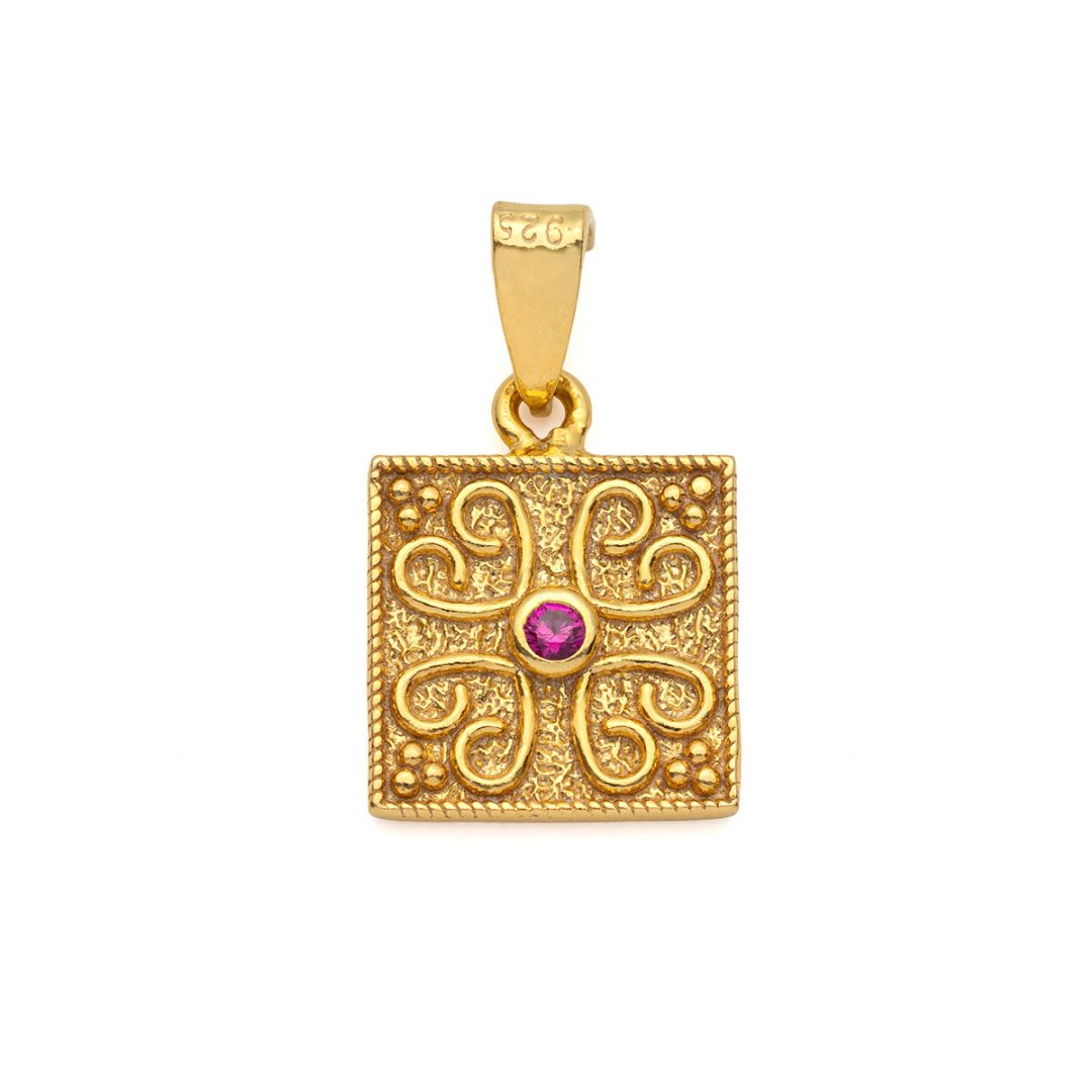 Byzantine Square Pendant in Gold Plated 925 Silver with Zircon