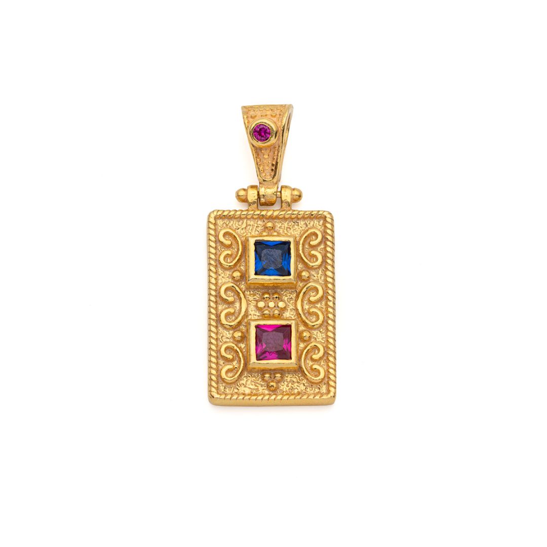 Gold Plated Byzantine Rectangle Pendant in 925 Sterling Silver with Zircon Stone
