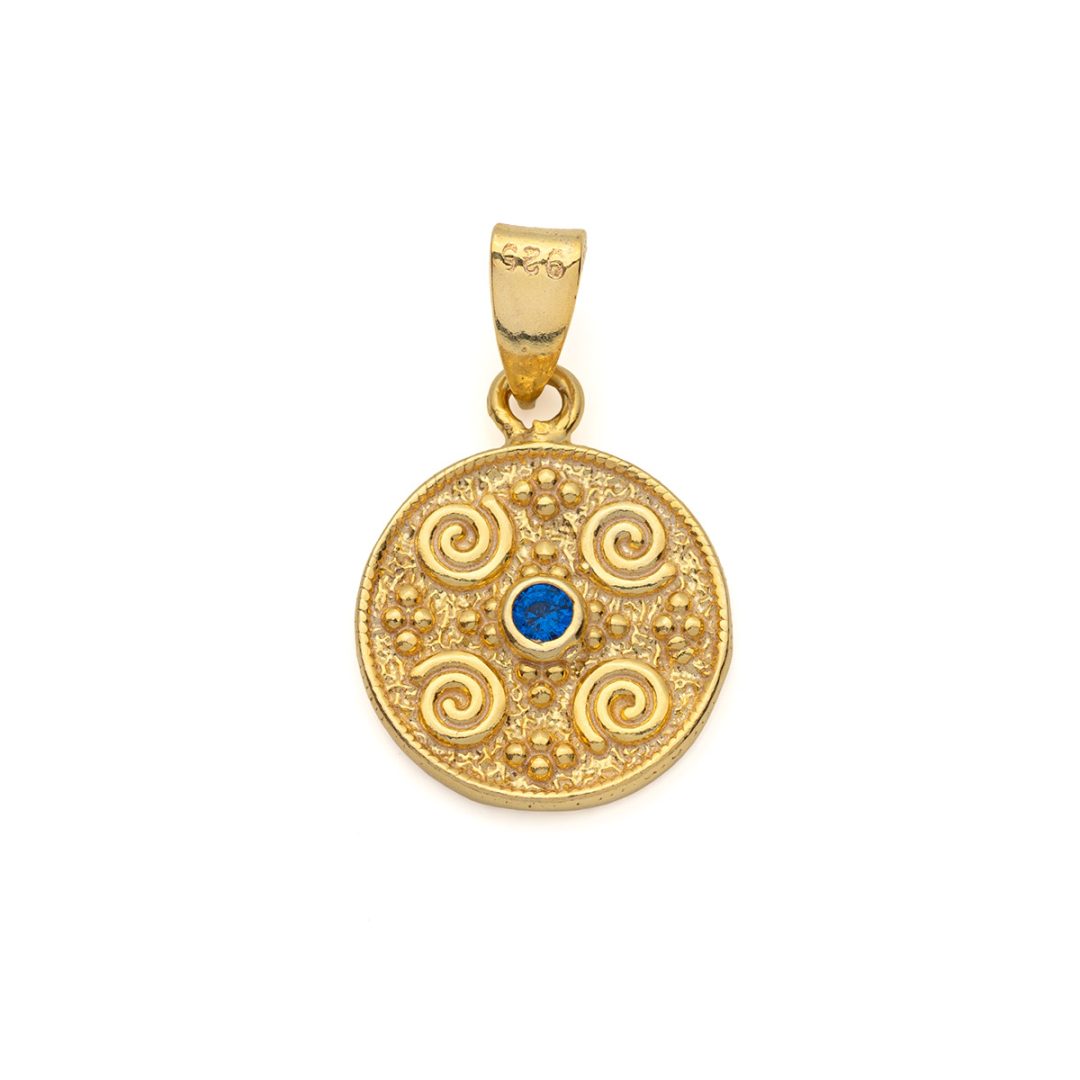 Byzantine Circle Pendant with Zircon 925 Sterling Silver Gold Plated