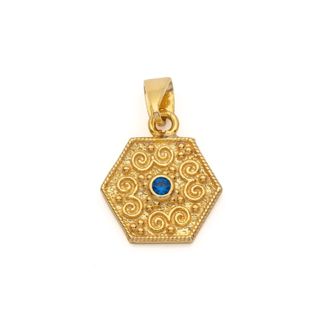 Byzantine Polygon Pendant with Zircon Stone in Gold Plated 925 Sterling Silver