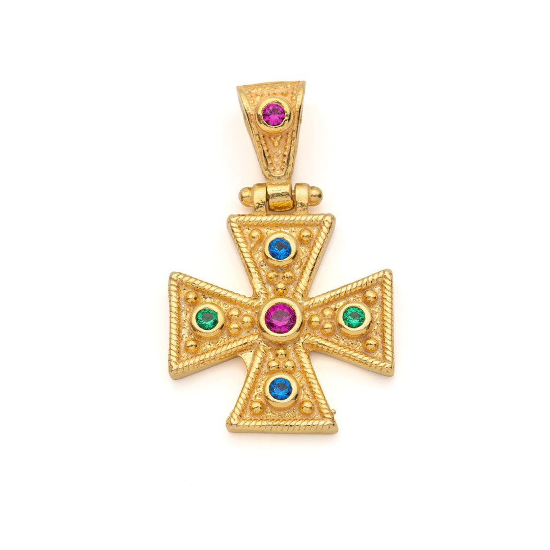 Byzantine Cross Pendant in 925 Sterling Silver Gold Plated with Multicolor Zircons