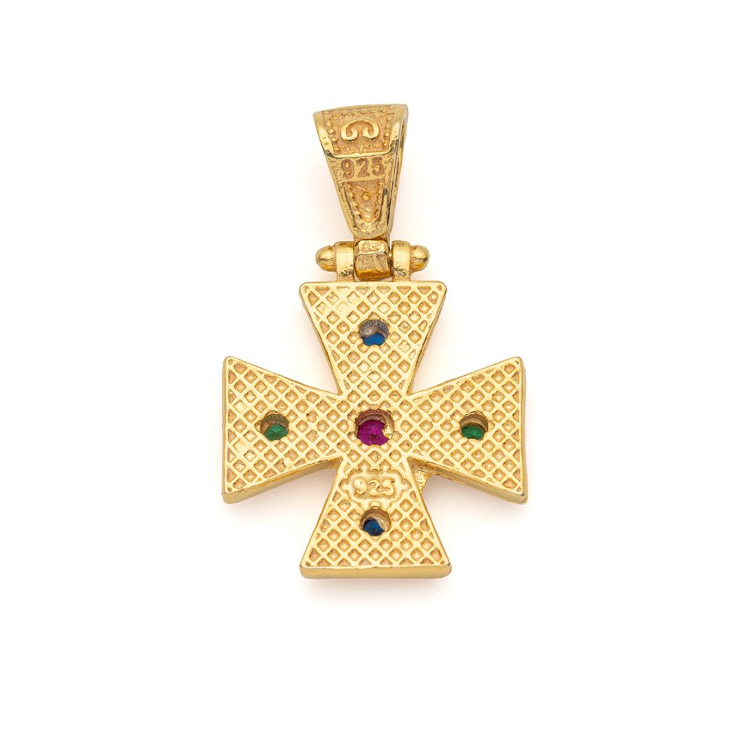 Byzantine Cross Pendant in 925 Sterling Silver Gold Plated with Multicolor Zircons