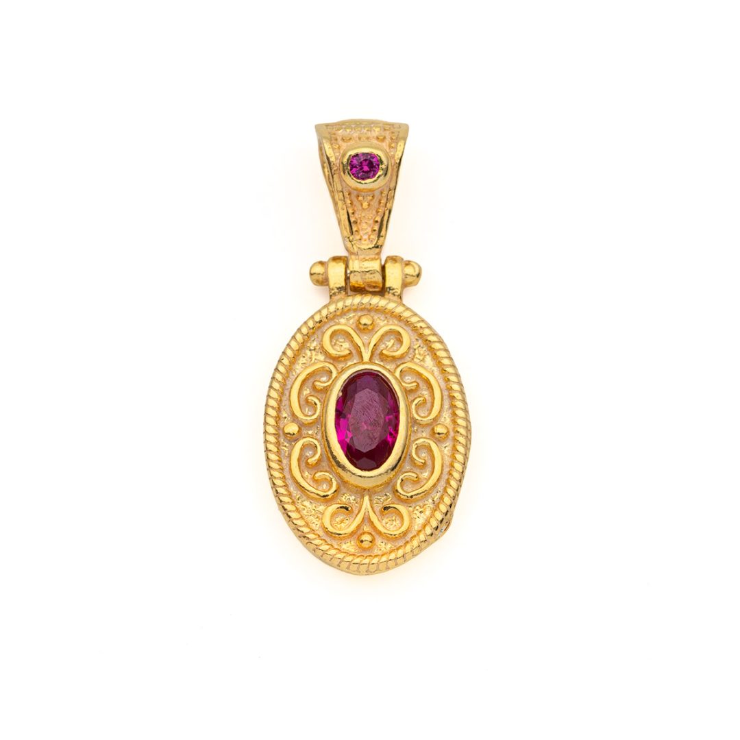 Byzantine Oval Pendant with Zircon 925 Sterling Silver Gold Plated