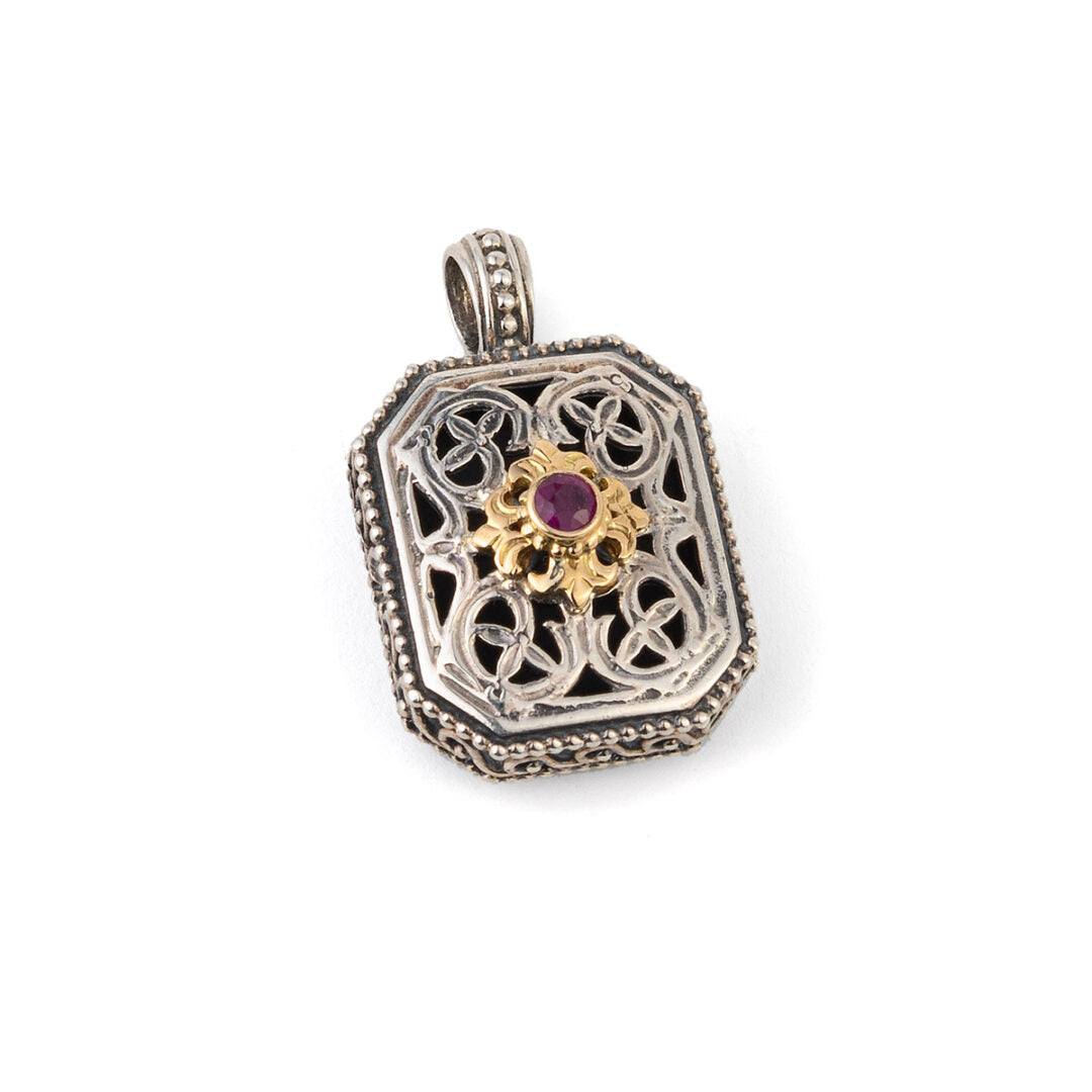 Garden Shadows polygon Pendant in 18K Gold and Sterling Silver with Ruby