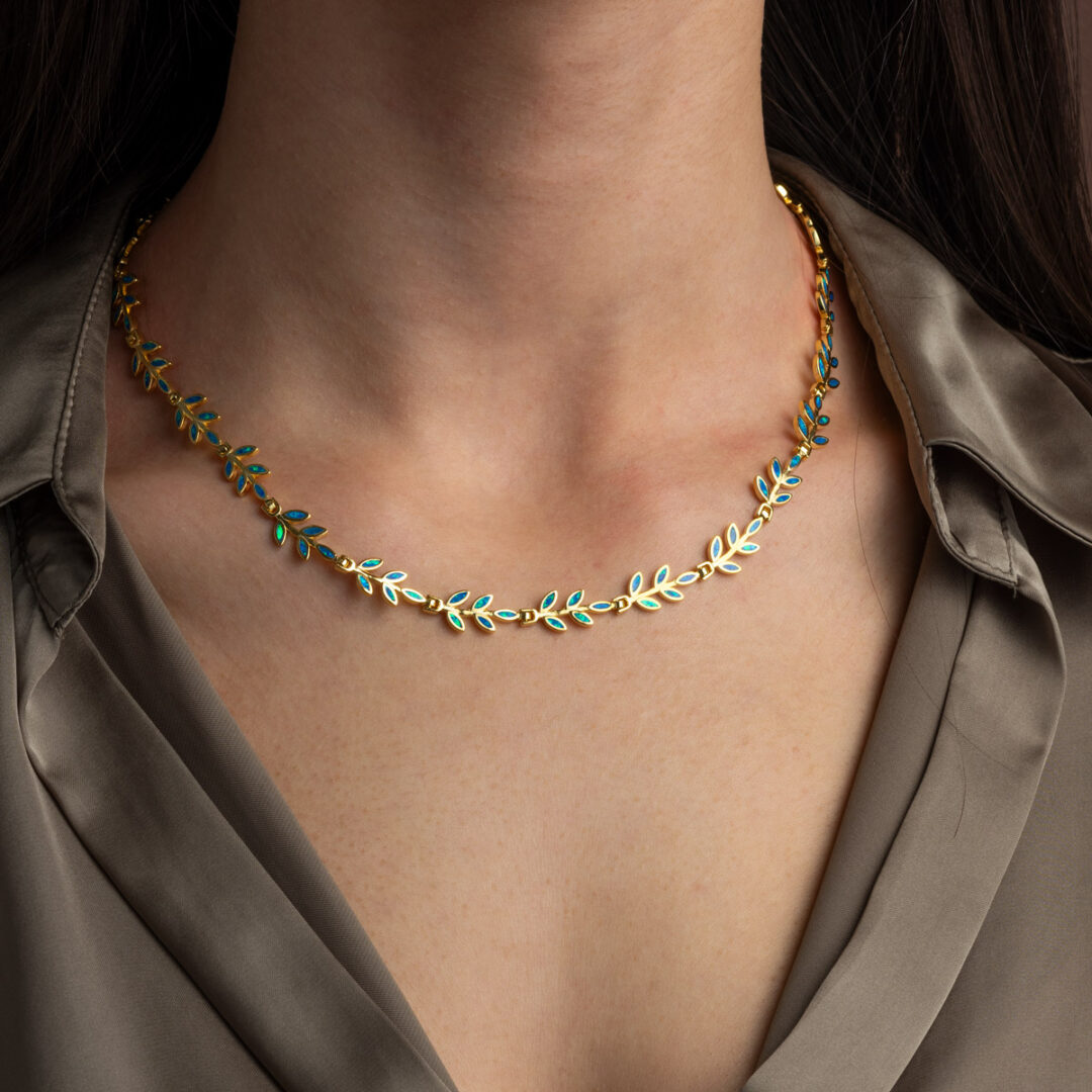 Sterling Silver Opal Necklace with Olive Leaf Design