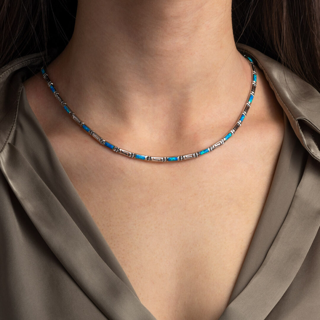 Sterling Silver Greek Key Necklace with Opal