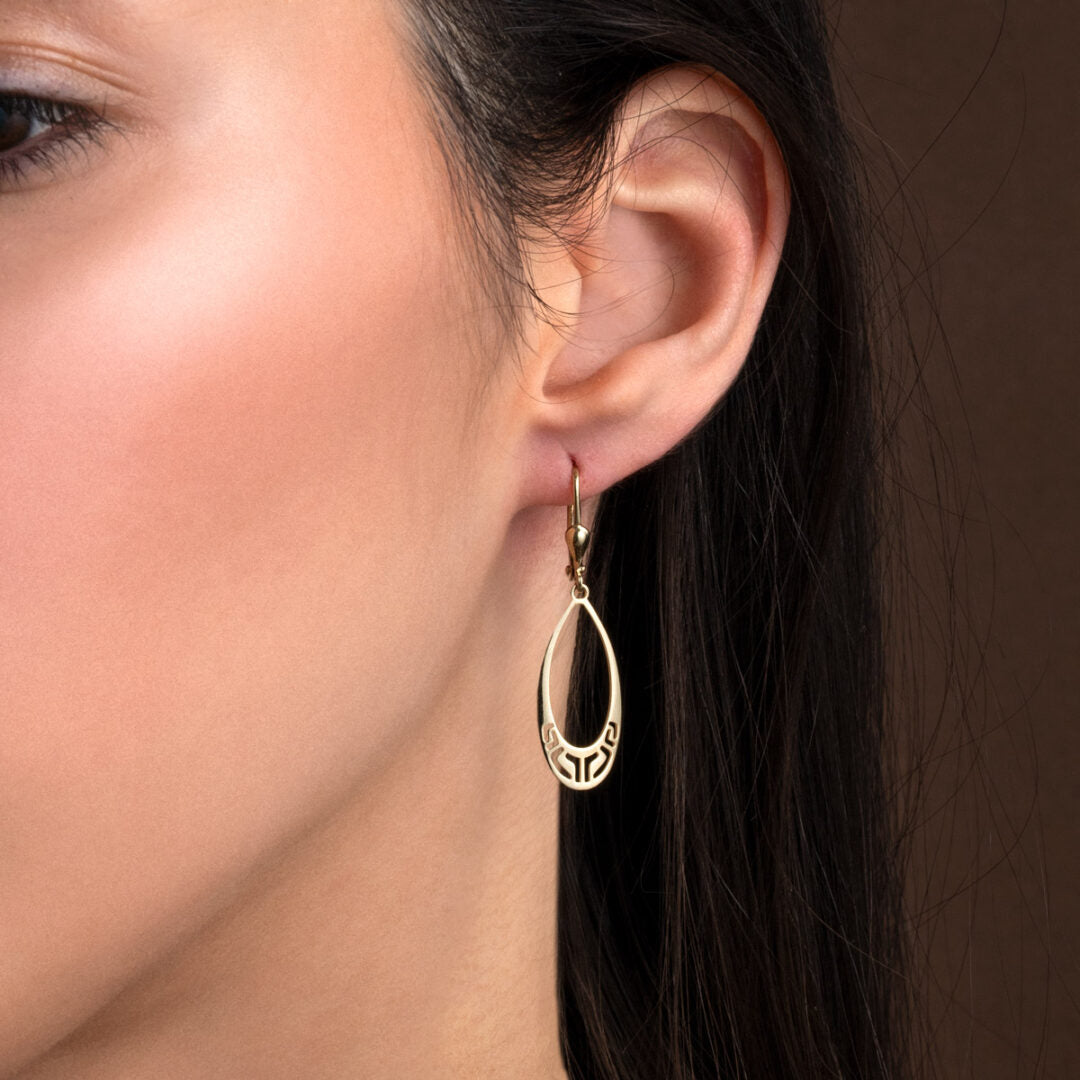 Greek Key Meander Dangle Earrings - 14K Gold