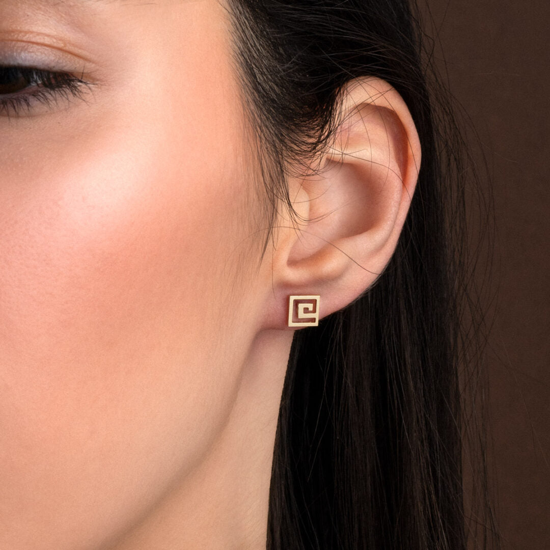 Minimal Greek Key Stud Earrings - 14K Gold