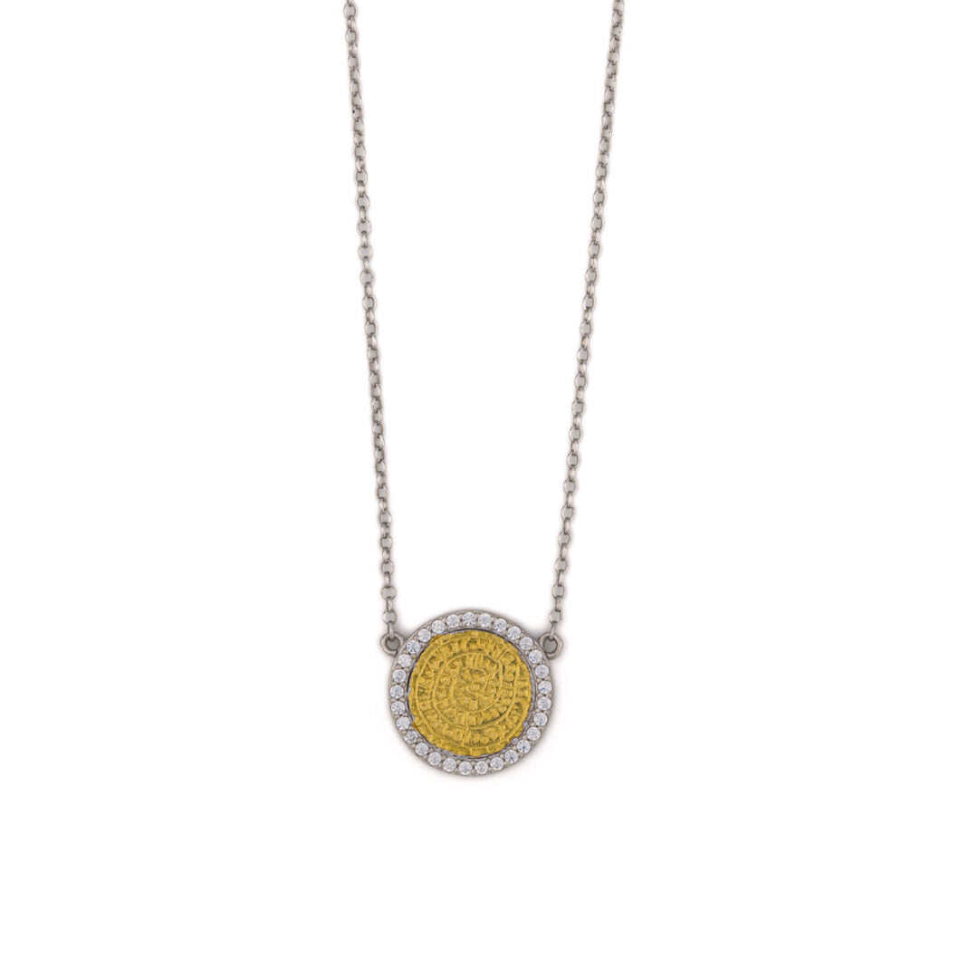 Phaistos Disc Zircon Necklace - 925 Sterling Silver Gold Plated