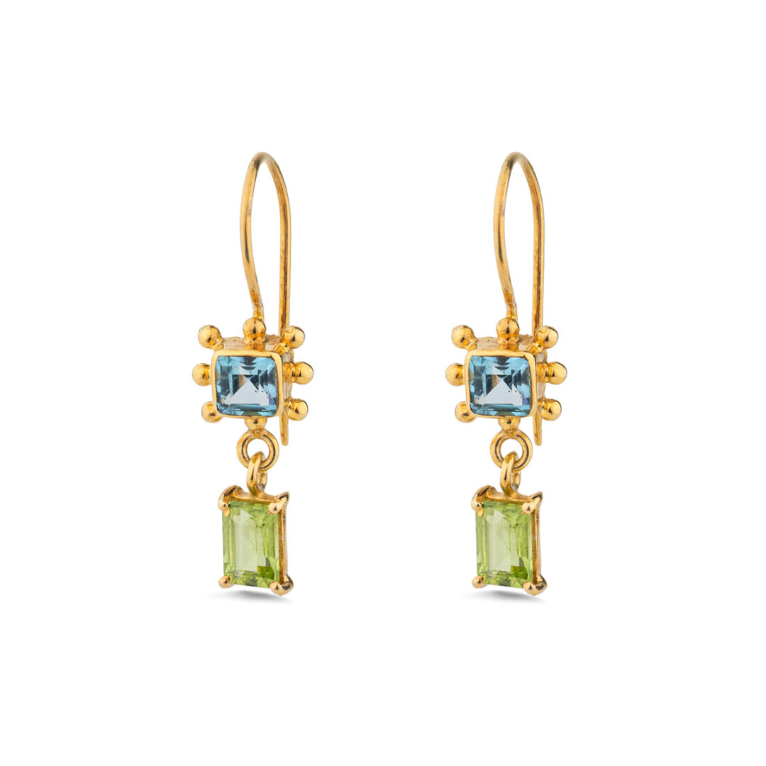 Blue Topaz Peridot Dangle Earrings - Sterling Silver and Gold Plated