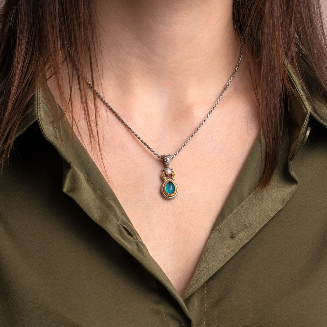 Doublet Apatite and Pearl Pendant in 925 Sterling Silver and Gold Plated