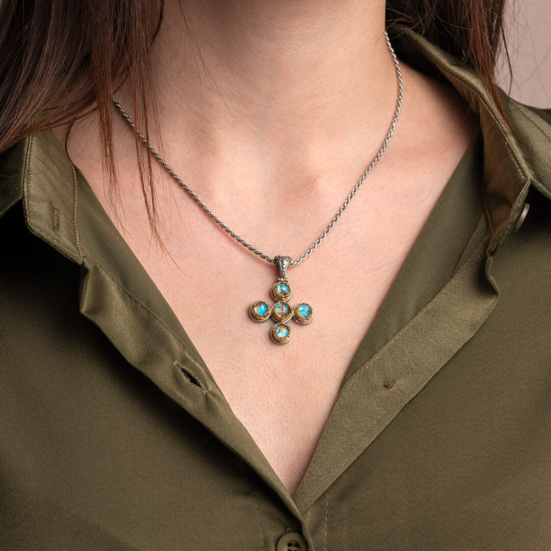 Byzantine Doublet Turquoise Copper Cross Pendant in 925 Sterling Silver and Gold Plated