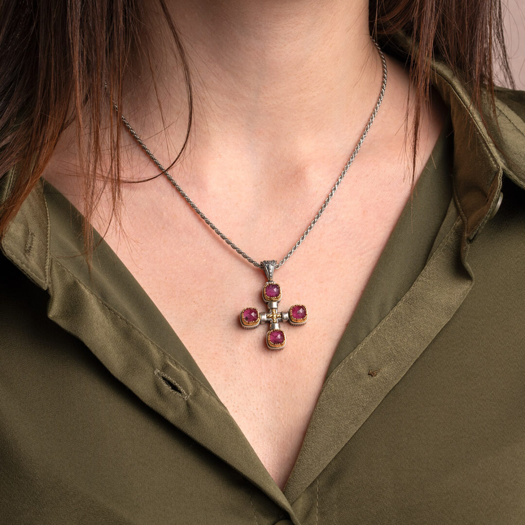 Doublet Ruby Cross Pendant in 925 Sterling Silver and Gold Plated