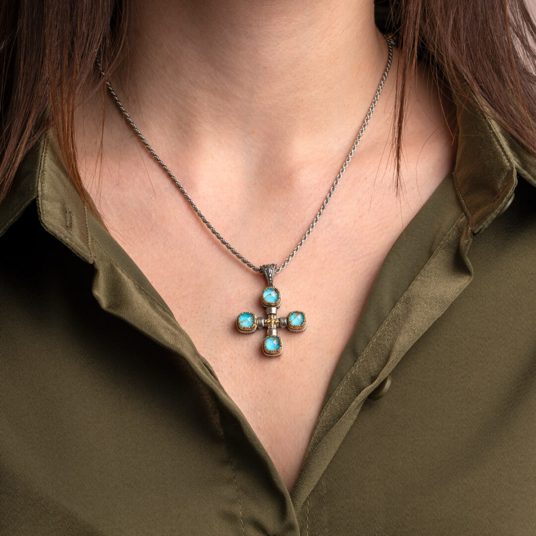 Doublet Turquoise Copper Cross Pendant in 925 Sterling Silver and Gold Plated