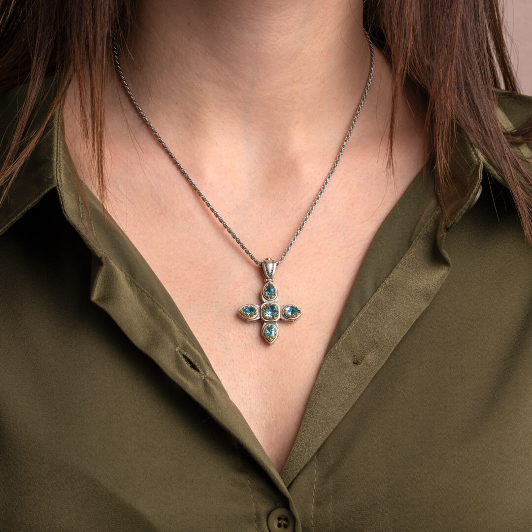 Byzantine Crystal Cross Pendant in 925 Sterling Silver and Gold Plated