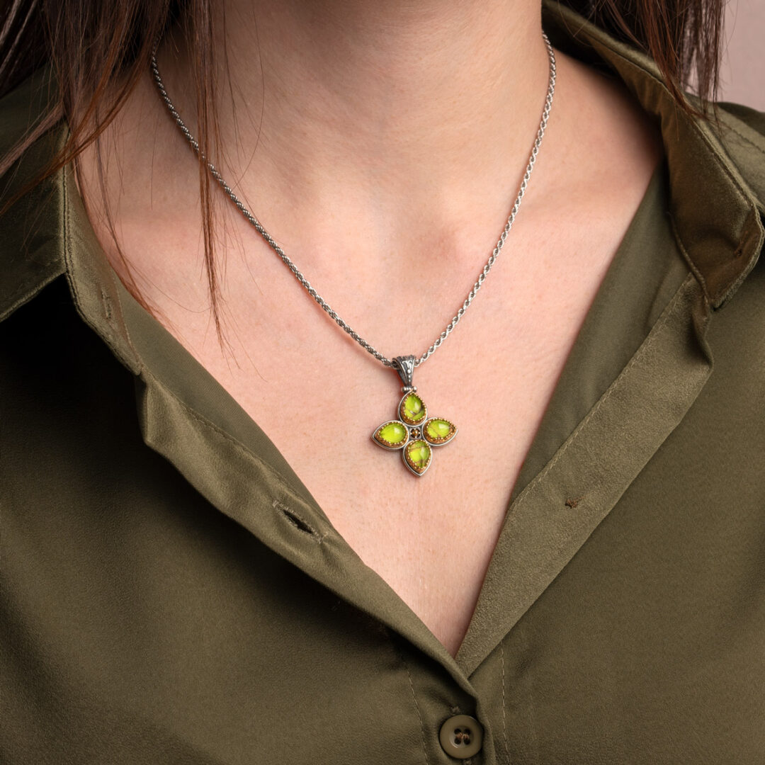 Doublet Green Copper Cross Pendant in 925 Sterling Silver and Gold Plated