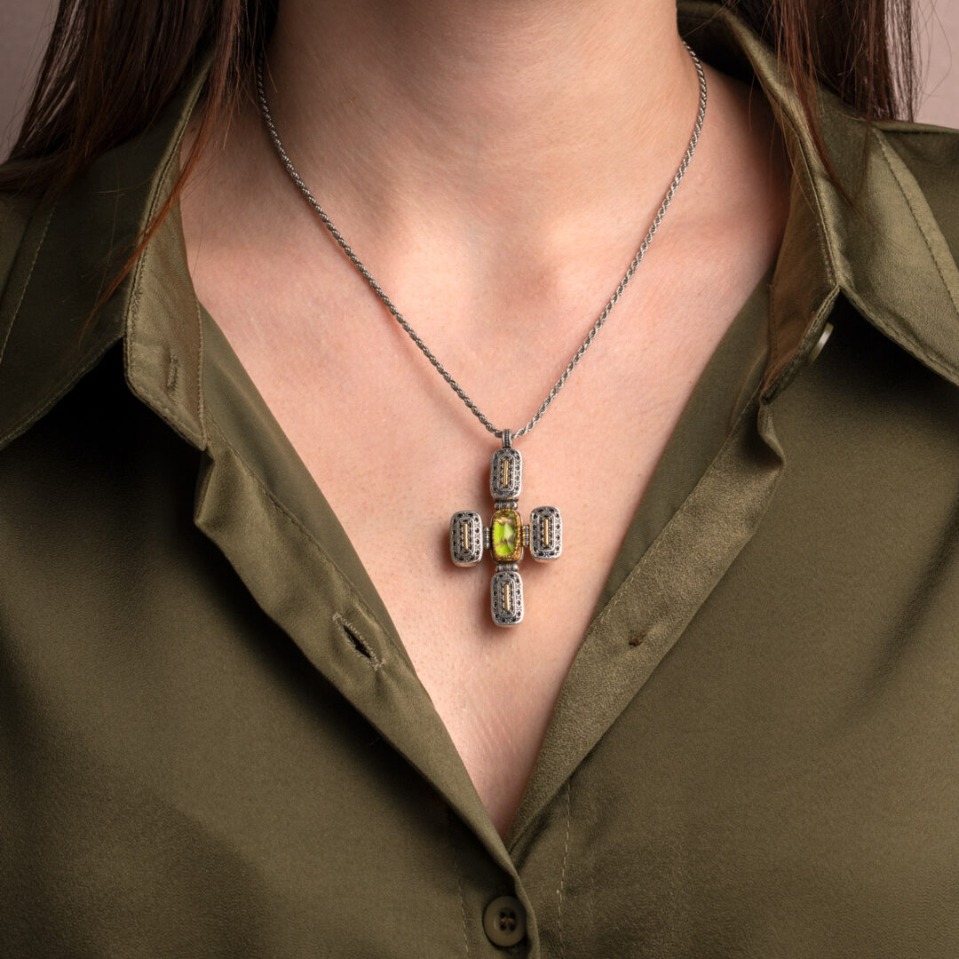 Two Side Cross Pendant with Doublet Turquoise Green Copper