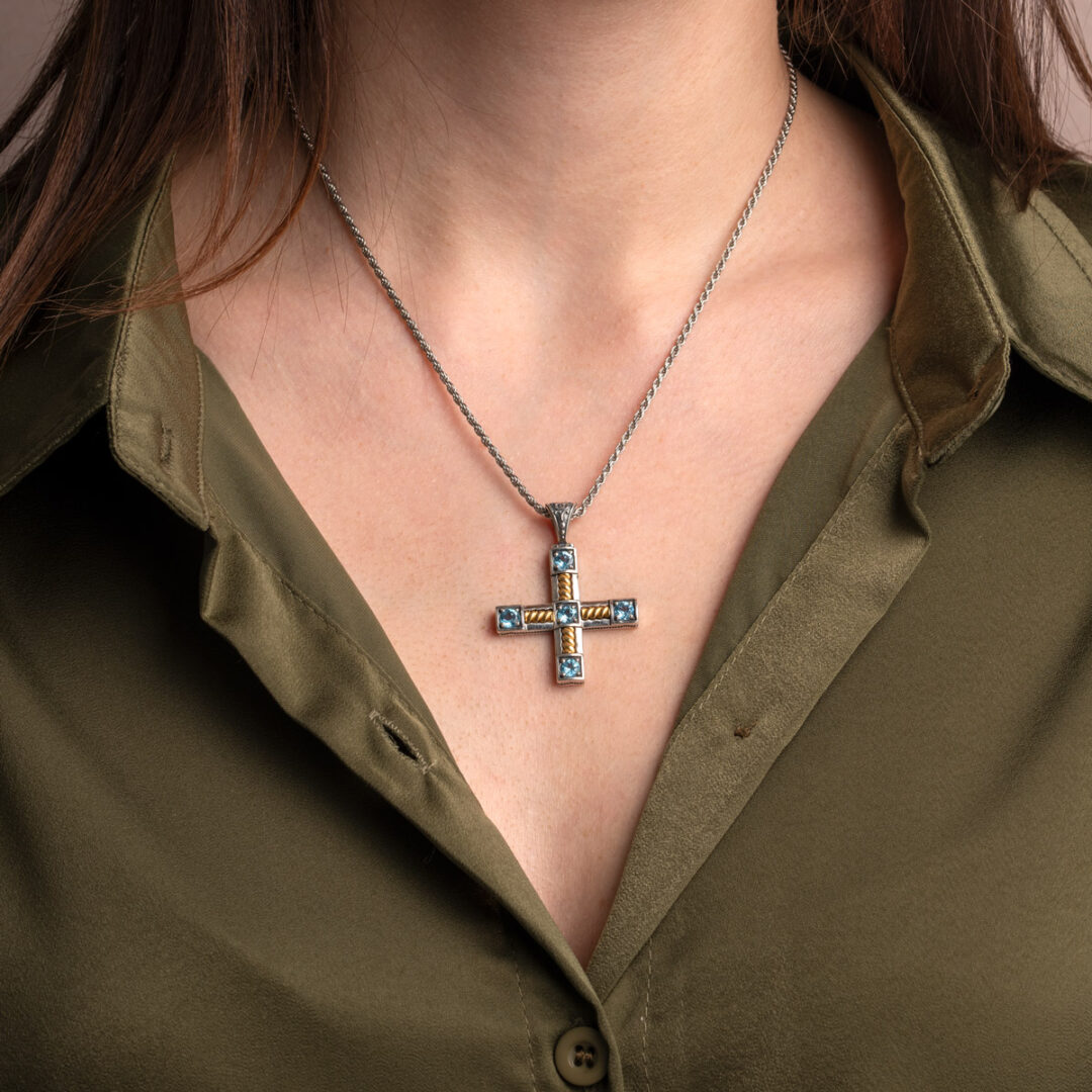 Crystal Cross Pendant in 925 Sterling Silver and Gold Plated
