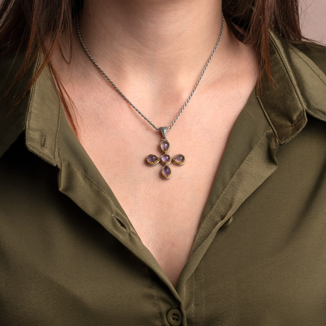 Doublet Amethyst and Turquoise Cross Pendant in 925 Sterling Silver and Gold Plated