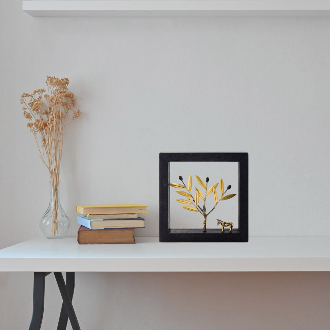 Bronze Sculpture The donkey and the olive tree – Wood Frame