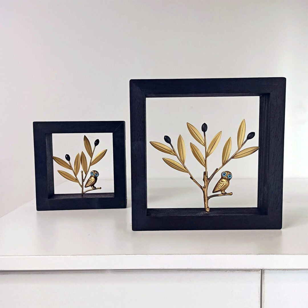 Ξύλινο Κάδρο 15X15cm με μπρούτζινη φιγούρα – Κουκουβάγια