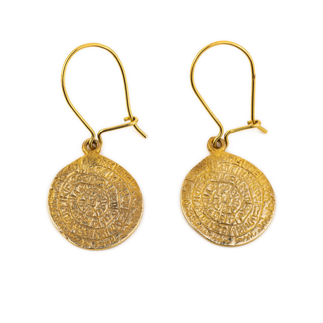14K Gold Phaistos Disk Dangle Earrings