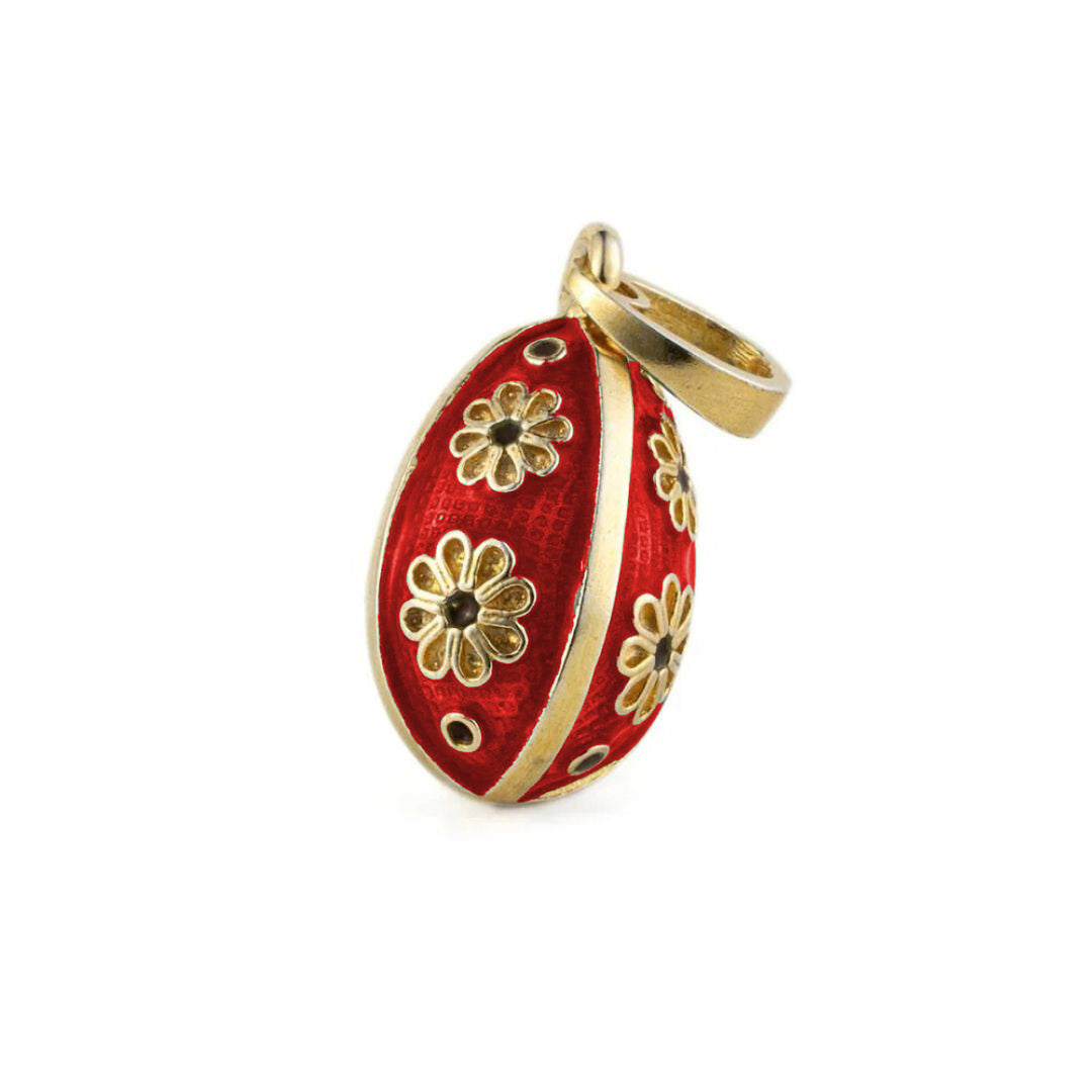 Egg Pendant Necklace with Flowers - Sterling Silver Gold Plated and Enamel — Red