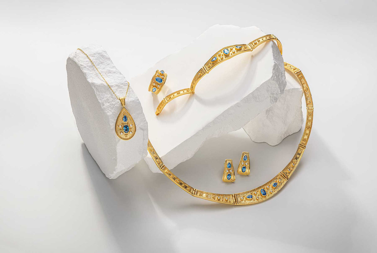 Byzantine Ring with Blue Stone - 925 Sterling Silver and 18K Gold Plating