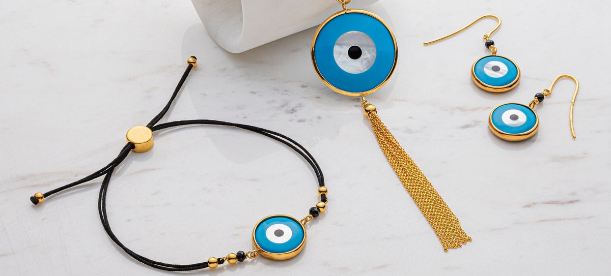 Greek evil eye (Mati), a traditional symbol of protection in Greek culture, featured in jewelry design.