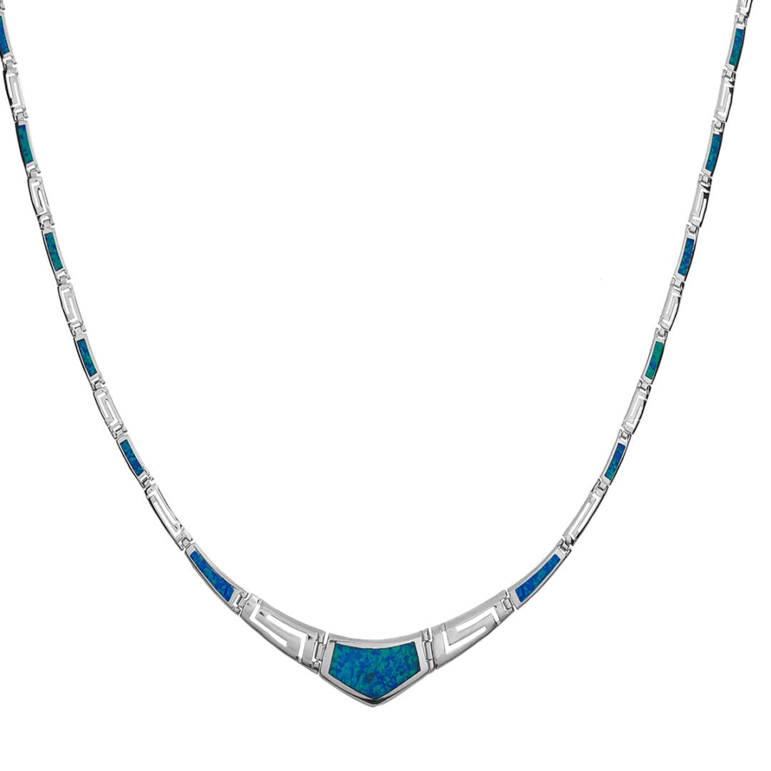Blue Opal Greek Key Necklace - Sterling Silver