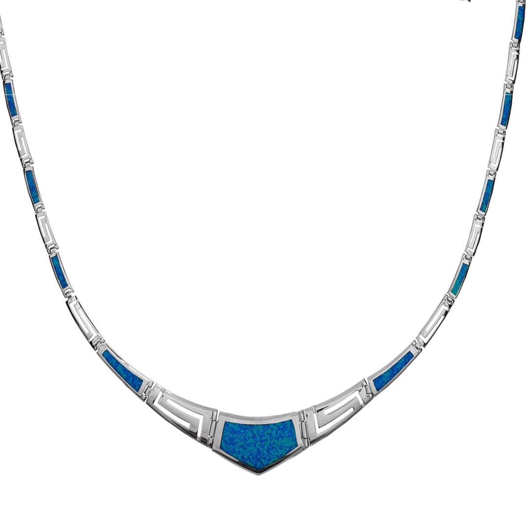 Blue Opal Greek Key Necklace - Sterling Silver