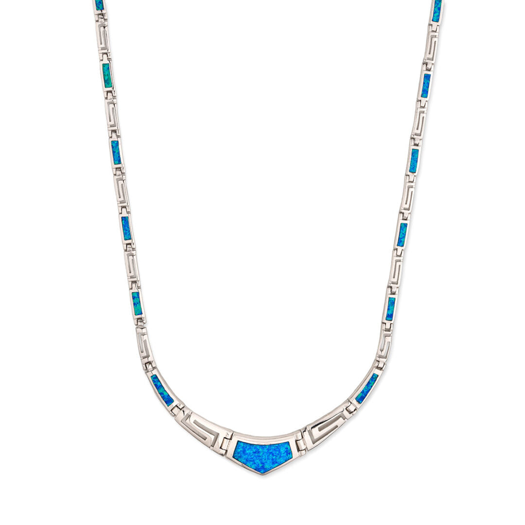 Blue Opal Greek Key Necklace - Sterling Silver