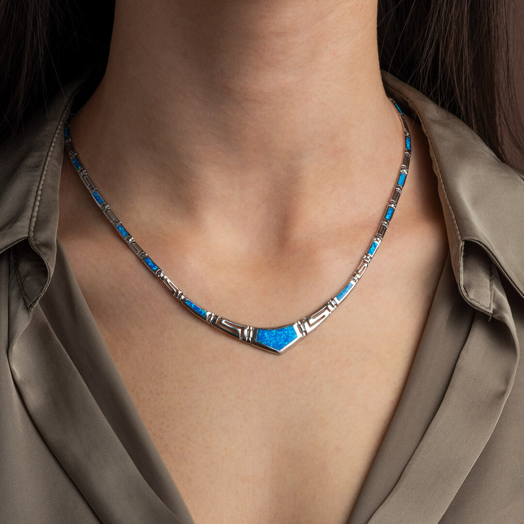 Blue Opal Greek Key Necklace - Sterling Silver