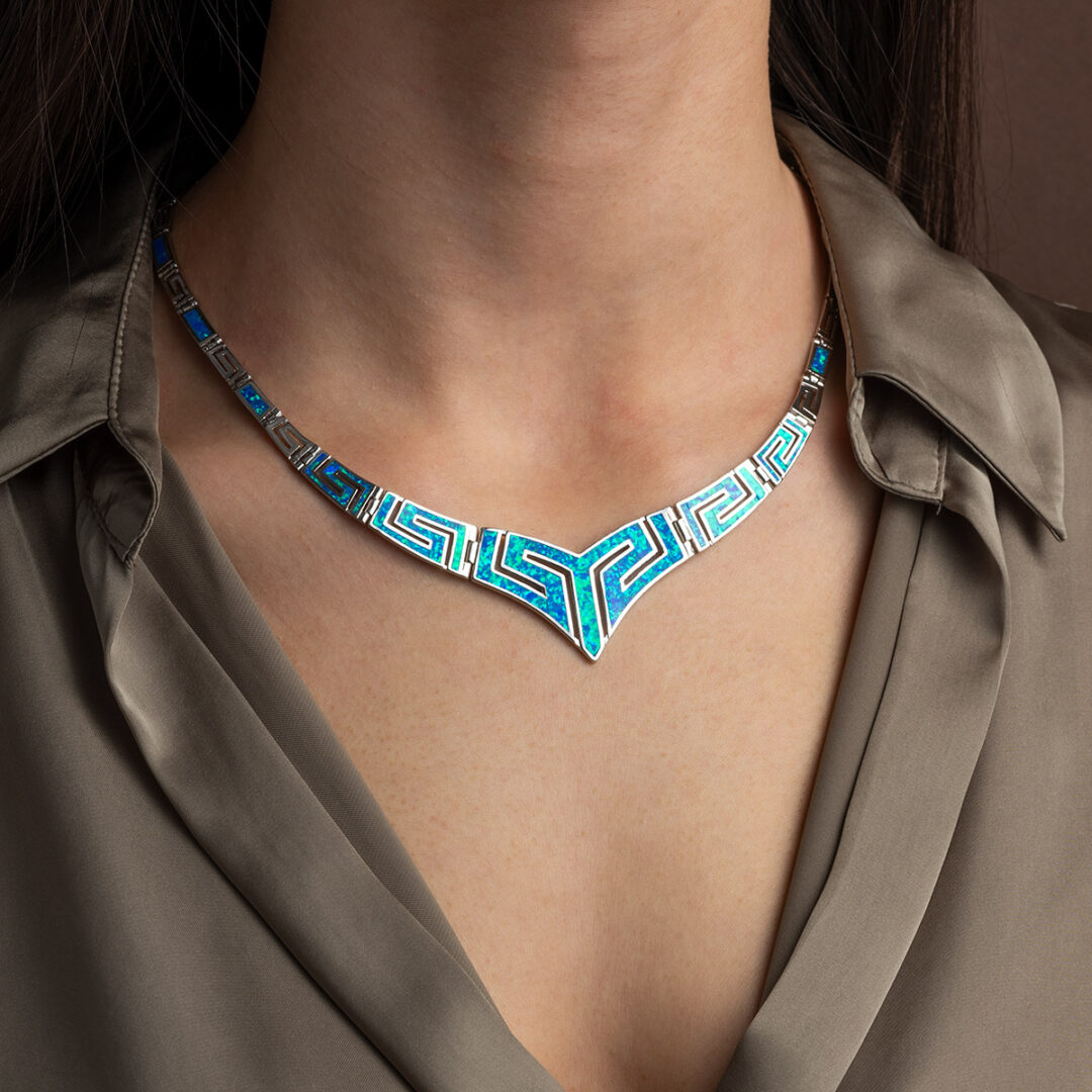 Greek Key Necklace with Blue Opal - Sterling Silver — Silver