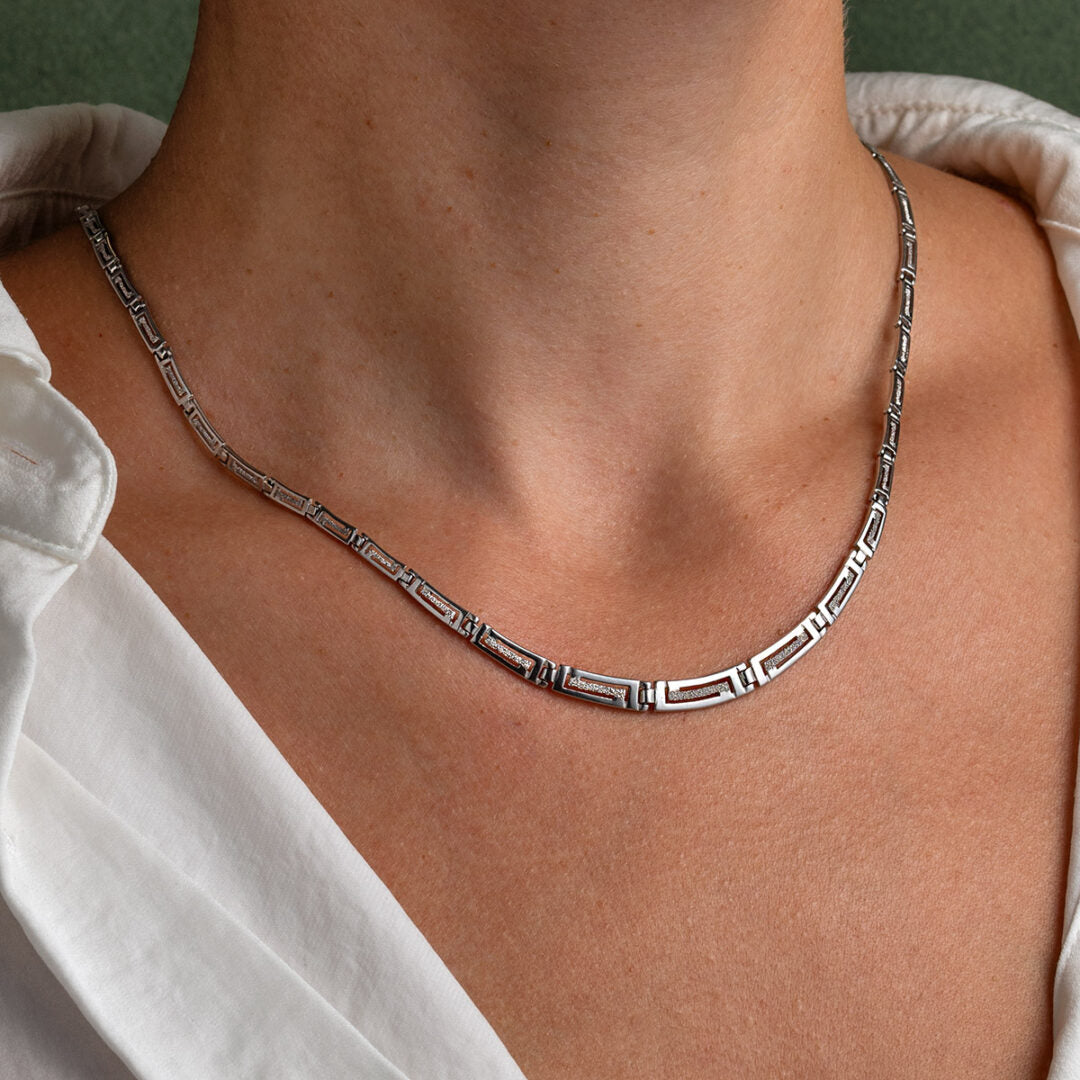 Geometric Greek Key Necklace in Sterling Silver