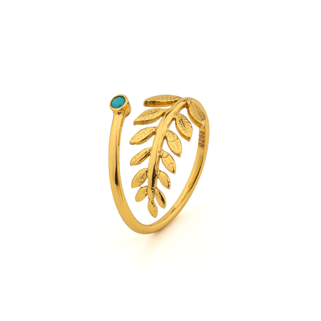 Sterling Silver Gold Plated Adjustable Ring with Fern